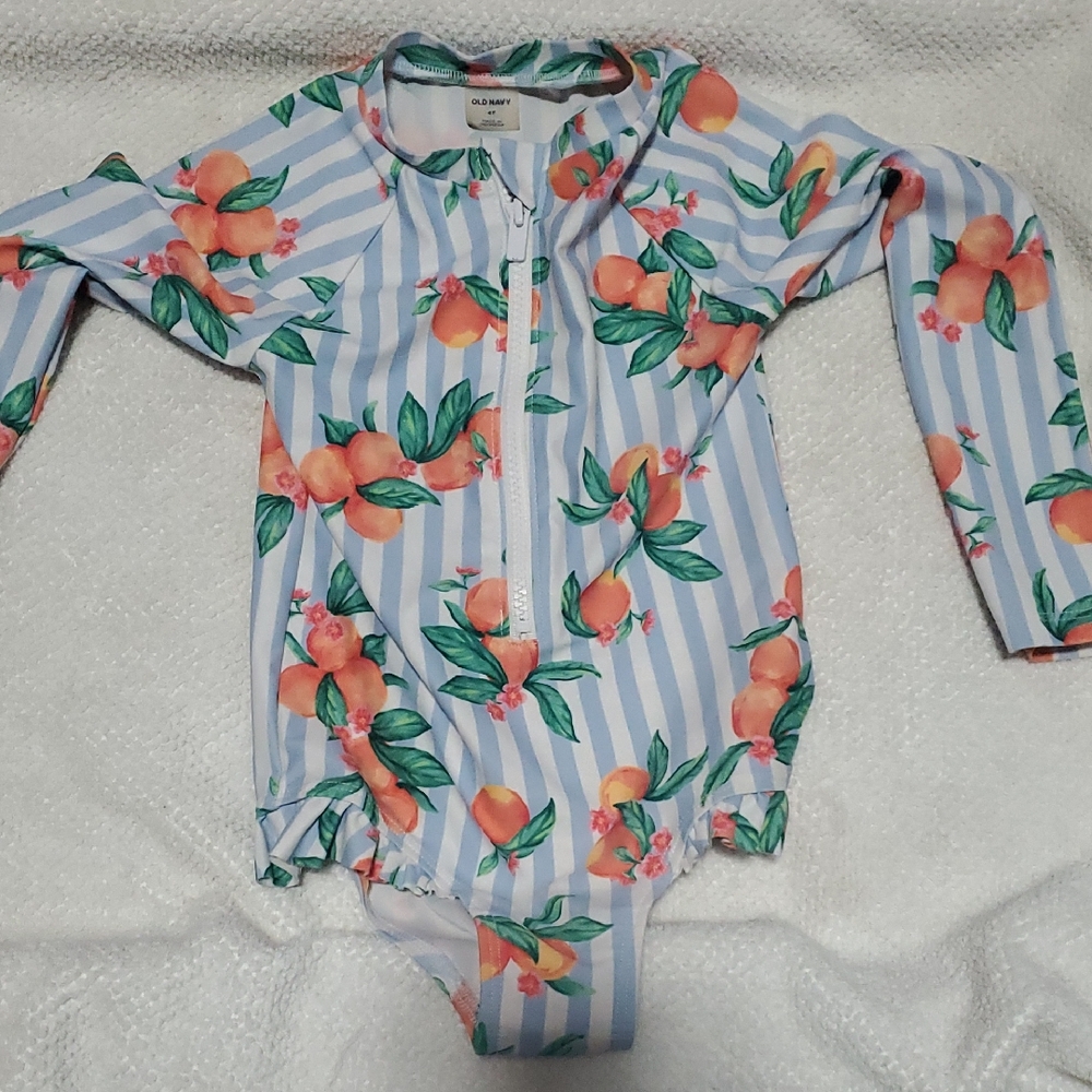 Old Navy Girls Long Sleeve Peach Print Rash Guard - Blue & White